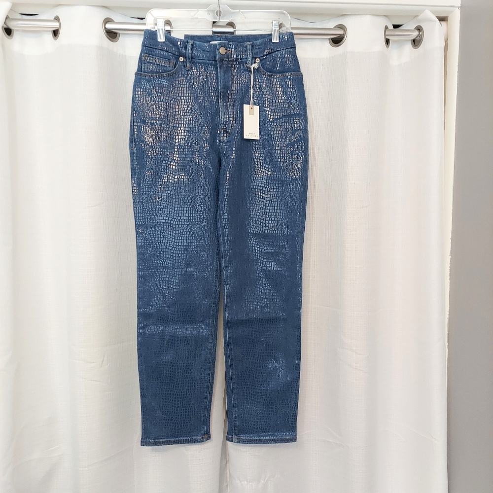 Good American Indigo Snake Jeans Straight Leg High Waist Shiney Accents